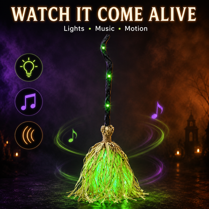 Christmas Decoration: Witch's Broom | Movable, voice/touch controlled, glowing, emits eerie sound effects, dances.
