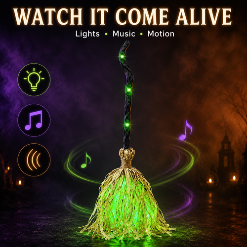 Christmas Decoration: Witch's Broom | Movable, voice/touch controlled, glowing, emits eerie sound effects, dances.
