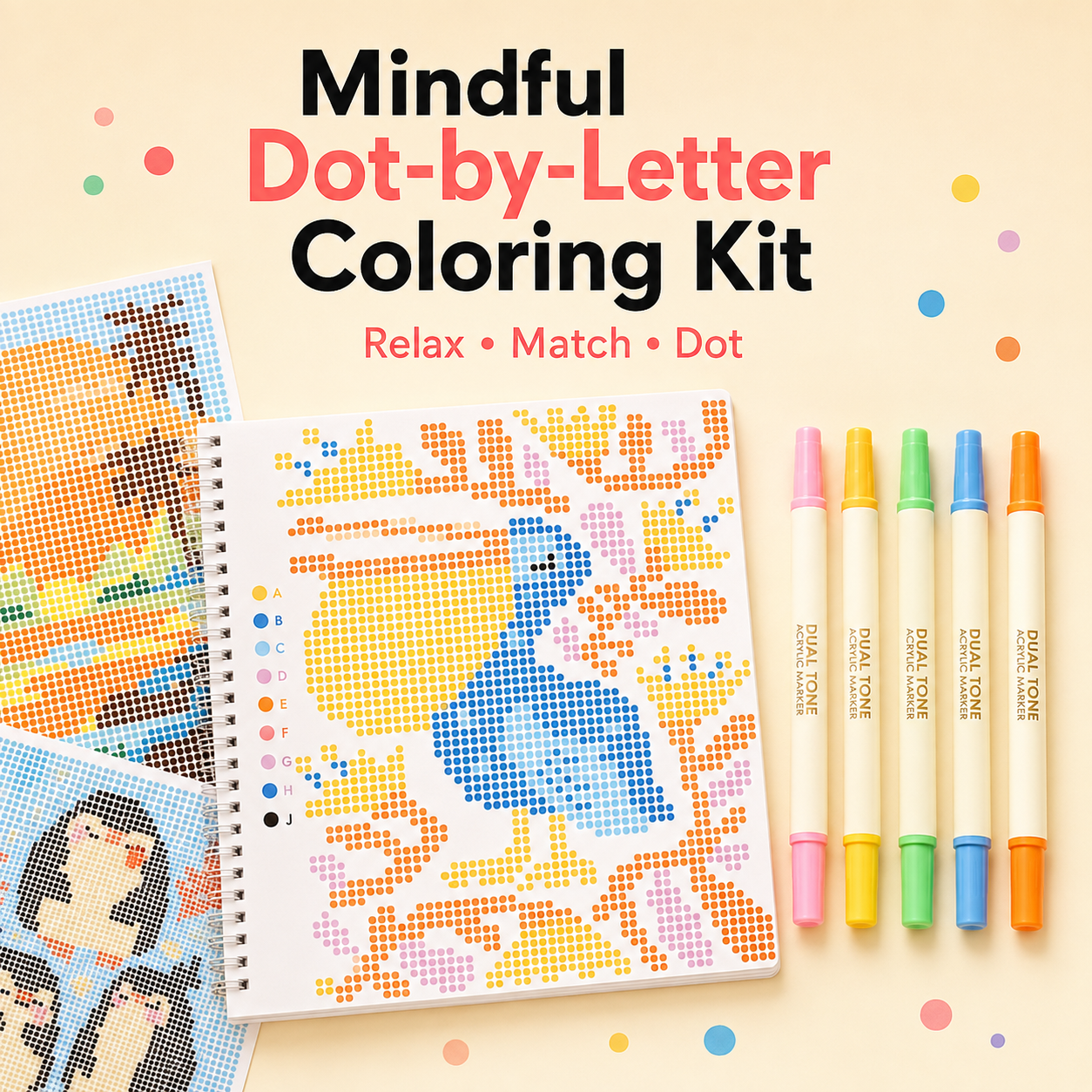 🎨📖Dot-By-Letter Mindful Coloring Kit - Stress Relief Dot Marker Art Set with 10 Vibrant Colors & 20 Hidden Scene
