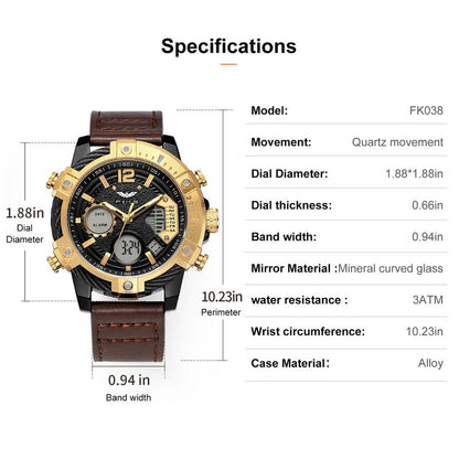 ⏱️ Men’s Industrial Dual-Time Watch – Vintage Leather Strap & Multi-Function Dial