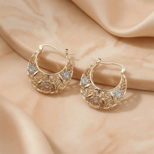 🌸Vintage 14K Gold Flower Hoop Earrings-– Tri-Color Filigree Jewelry