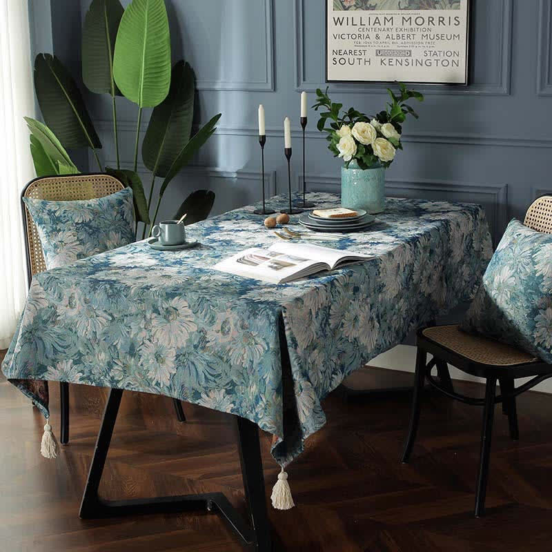 Onwkoti Flower Oil Painting Style Tassel Tablecloth