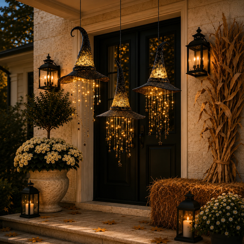 🧙‍♀️ Lighted Witch Hat Hanging Chime – Halloween Star & Moon Decor