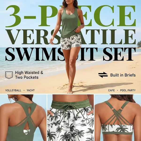 🏖️SUMMER SALE 49% OFF 🔥Aqua Eve Three Piece Tankini with Shorts🩱