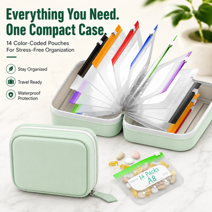 💊 14-Pouch Travel Pill Organizer – Color-Coded Medicine & Vitamin Case