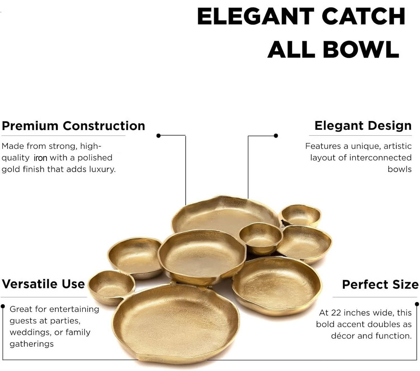 🍽️ Cluster Decorative Bowls – Bright Gold Iron Appetizer Serving Tray