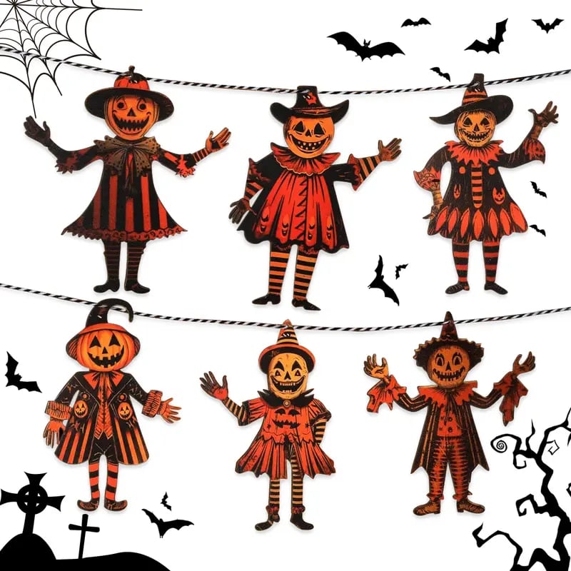 6PCS 5.9Inch Halloween Vintage Wooden Garland Set