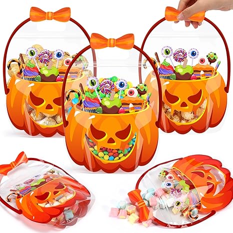 🔥Last Day 49% OFF - 50 Pcs Halloween Favor Bags Transparent Pumpkin Sealed Pouches🍬