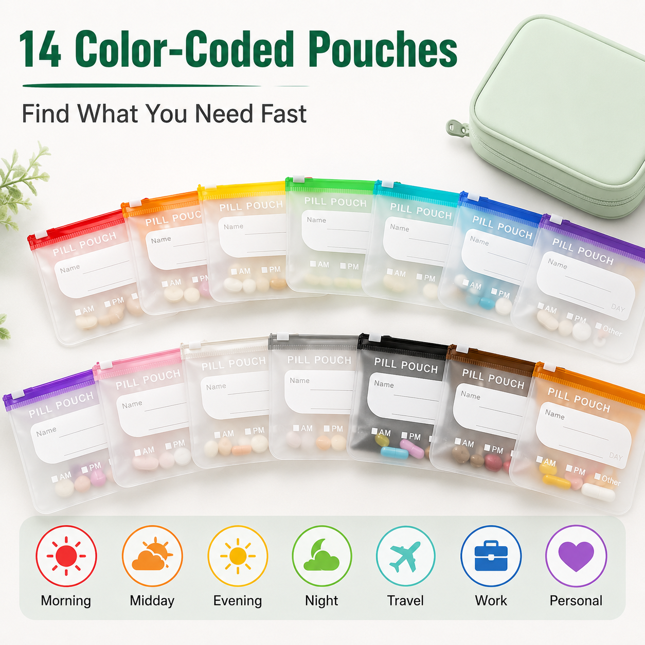 💊 14-Pouch Travel Pill Organizer – Color-Coded Medicine & Vitamin Case