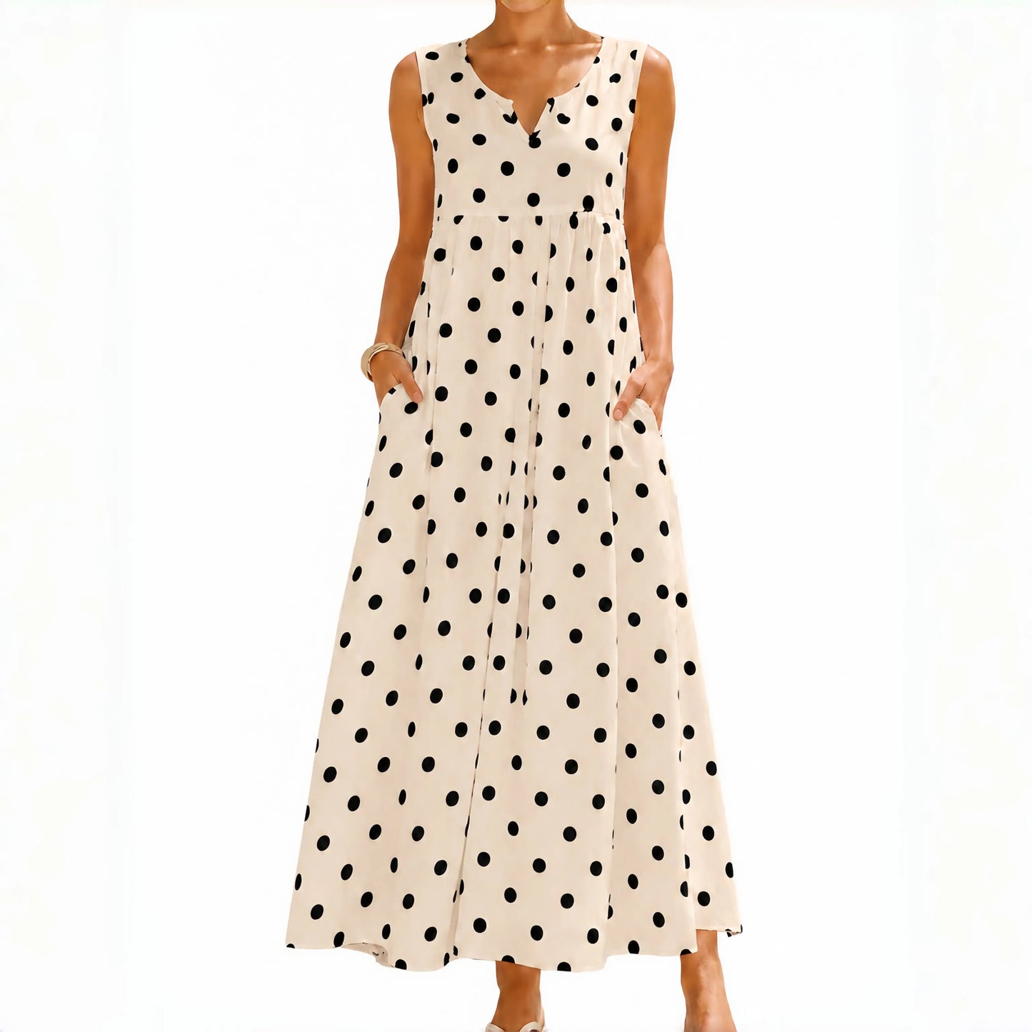 Polka Pockets Long Dress Sleeveless Berry Garden Sleeveless Maxi Dress Casual Summer Vacation Dress Womenswear Fitted Vneck
