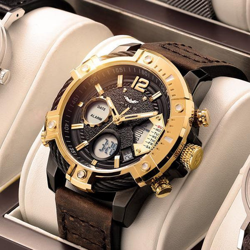 ⏱️ Men’s Industrial Dual-Time Watch – Vintage Leather Strap & Multi-Function Dial