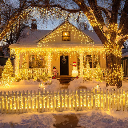 66ft 600-LED Christmas Icicle Lights – Outdoor Lights with Connectable Clear Wire, 8 Modes, Timer, Plug-in, Waterproof; Suitable for Eaves, Patios, Parties, and Indoor Holiday Decor; Includes Switch; Warm White