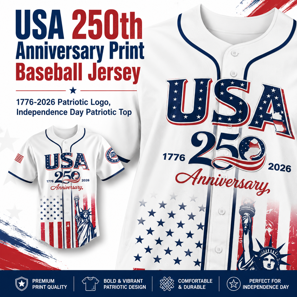 USA 250th Anniversary Baseball Jersey 1776–2026 Patriotic Shirt