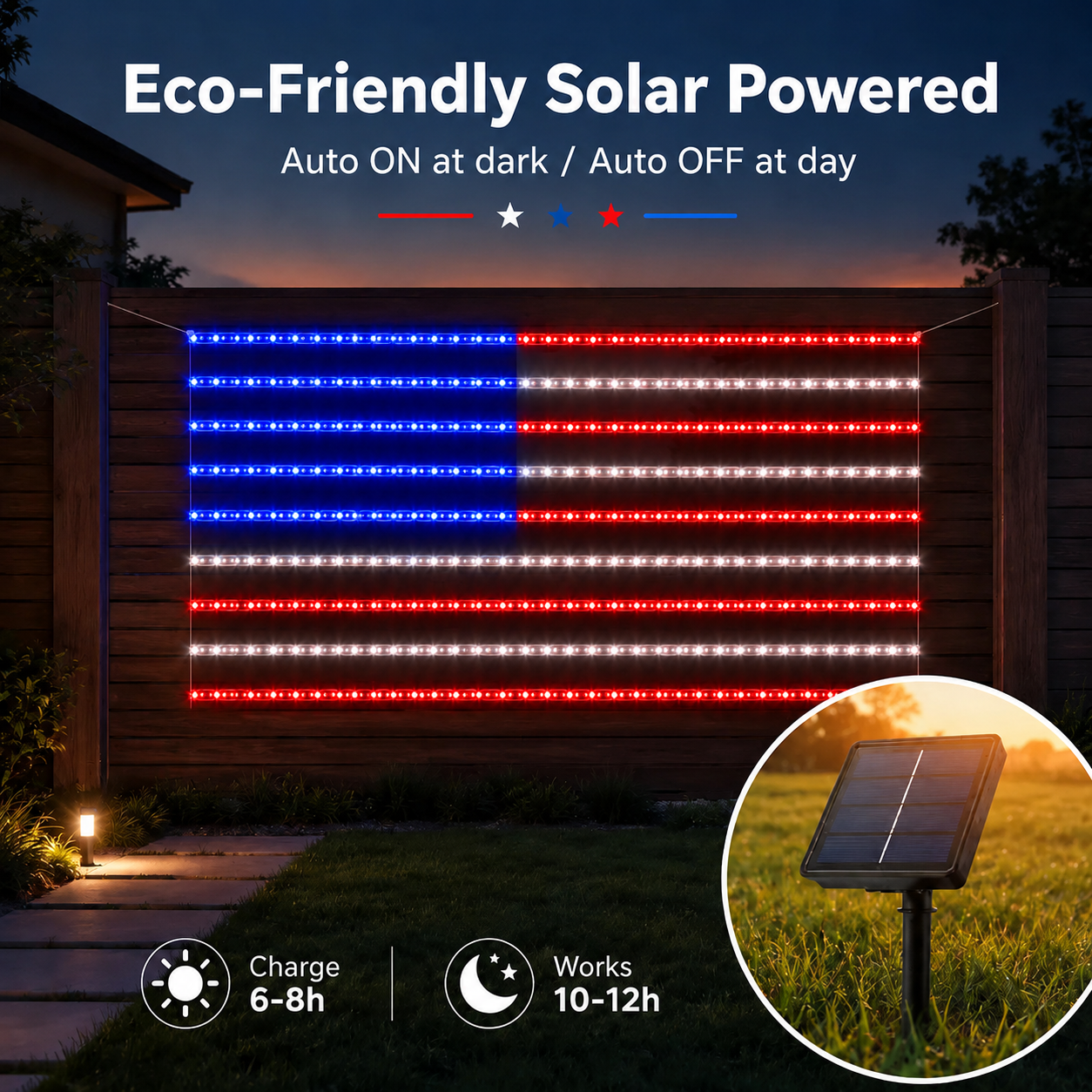 Outdoor solar American flag light, 6.5 ft x 3.28 ft, ultra-bright; suitable for Independence Day, National Day, and Memorial Day decorations; waterproof solar outdoor light.