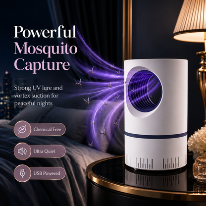 UV mosquito trap—ultra-quiet (30 dB), powerful suction, chemical-free, and safe for children and pets.