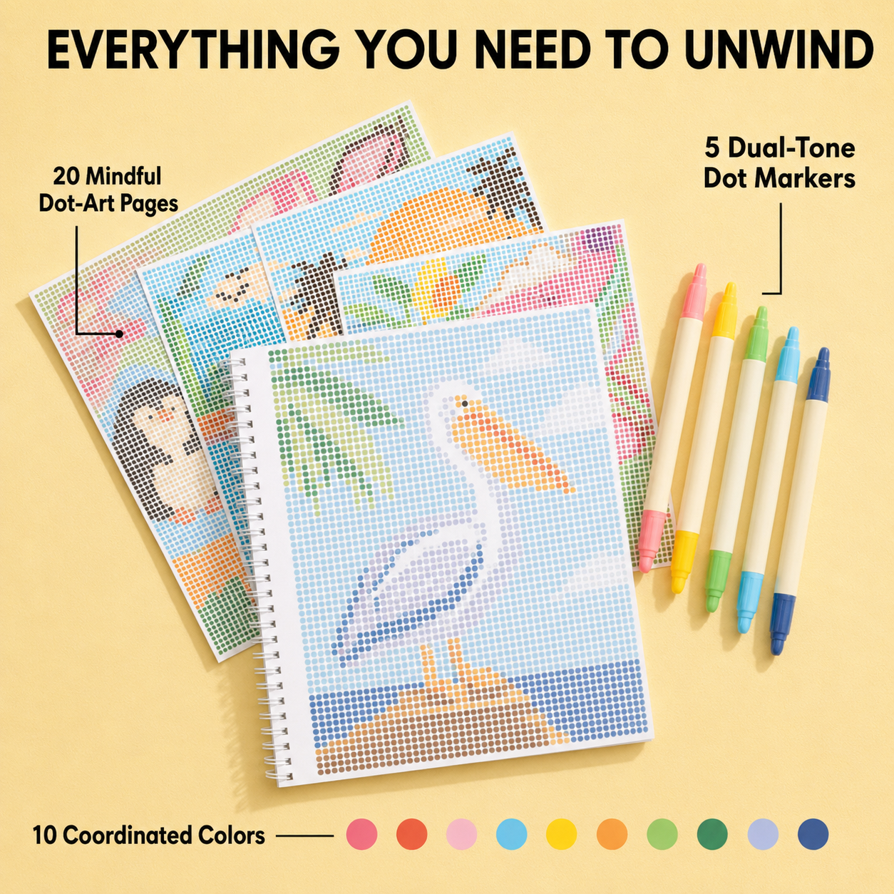 🎨📖Dot-By-Letter Mindful Coloring Kit - Stress Relief Dot Marker Art Set with 10 Vibrant Colors & 20 Hidden Scene