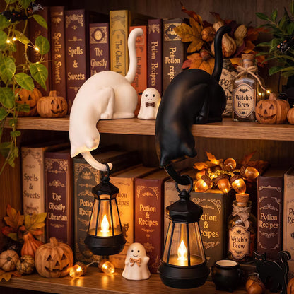 Black and White Cat-Shaped Book-Style Lantern Stand