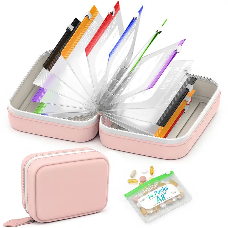 💊 14-Pouch Travel Pill Organizer – Color-Coded Medicine & Vitamin Case