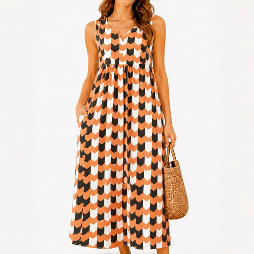 Polka Pockets Long Dress Sleeveless Berry Garden Sleeveless Maxi Dress Casual Summer Vacation Dress Womenswear Fitted Vneck