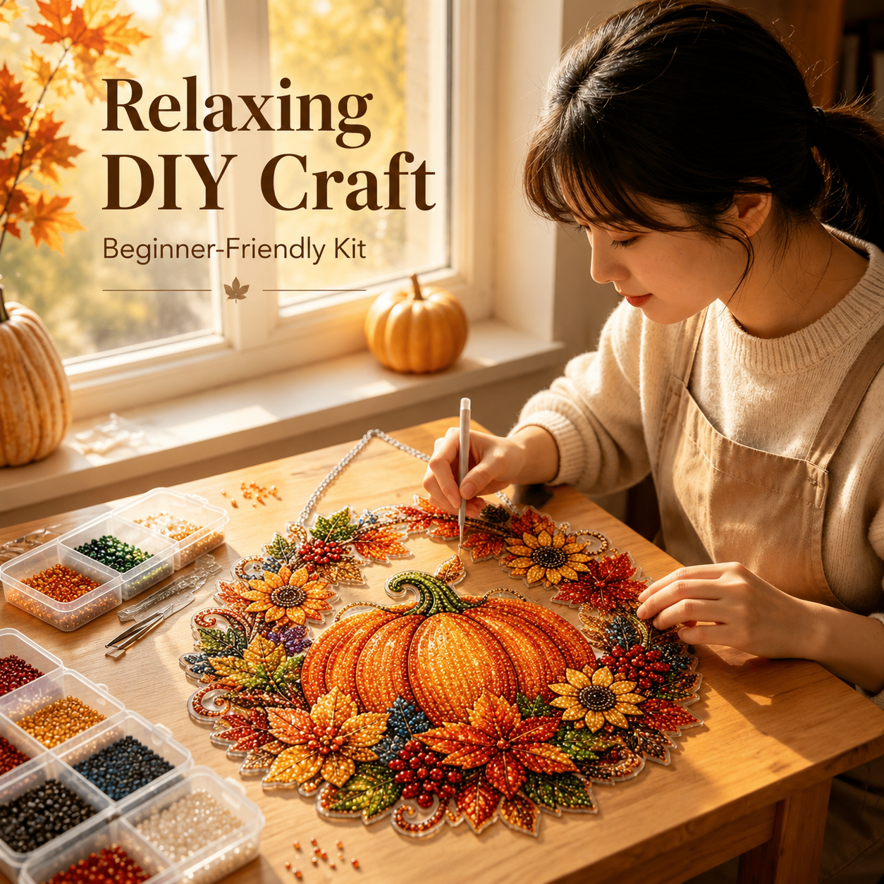 🍂 Autumnal pumpkin wreath with a diamond pattern to hang up – Complete DIY kit