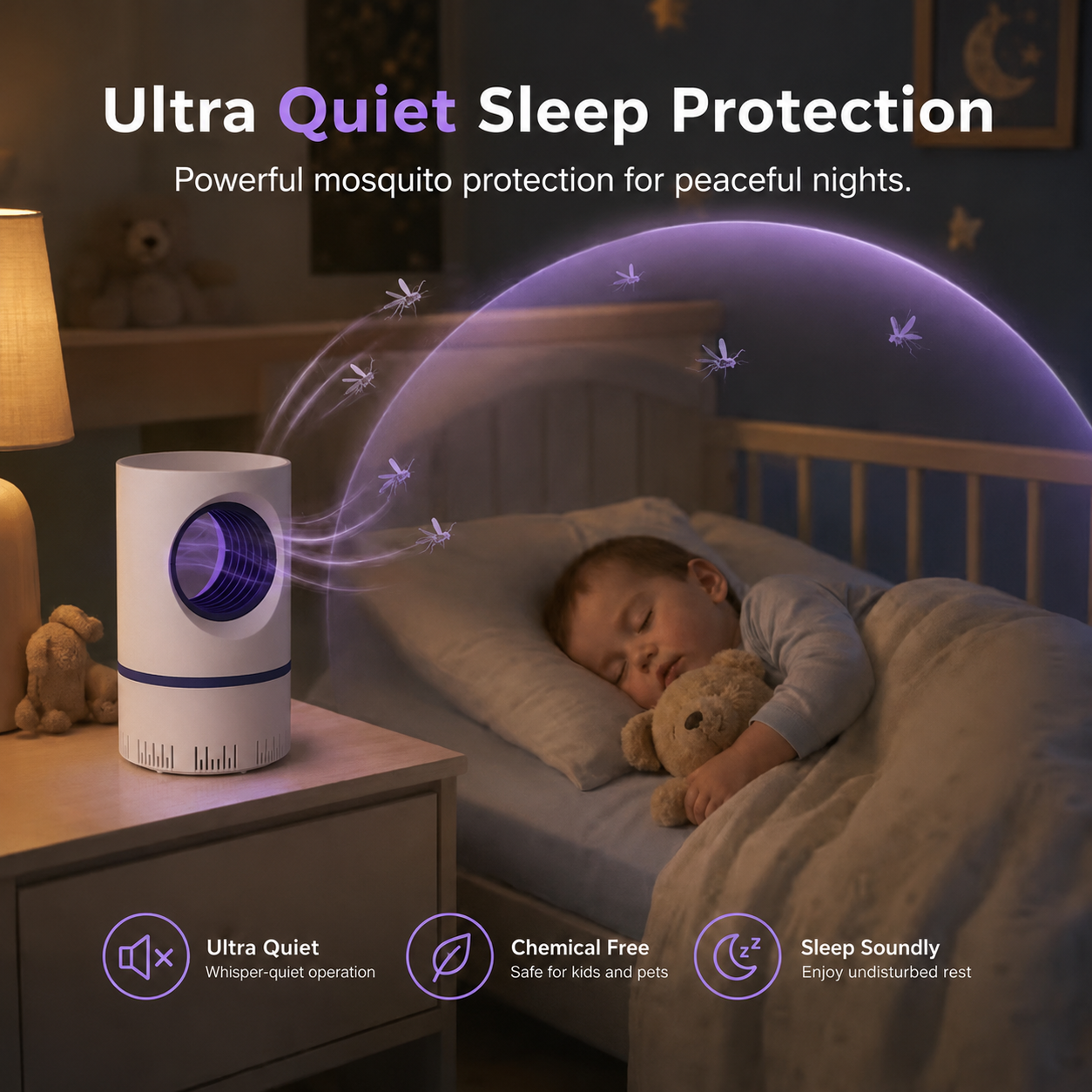 UV mosquito trap—ultra-quiet (30 dB), powerful suction, chemical-free, and safe for children and pets.