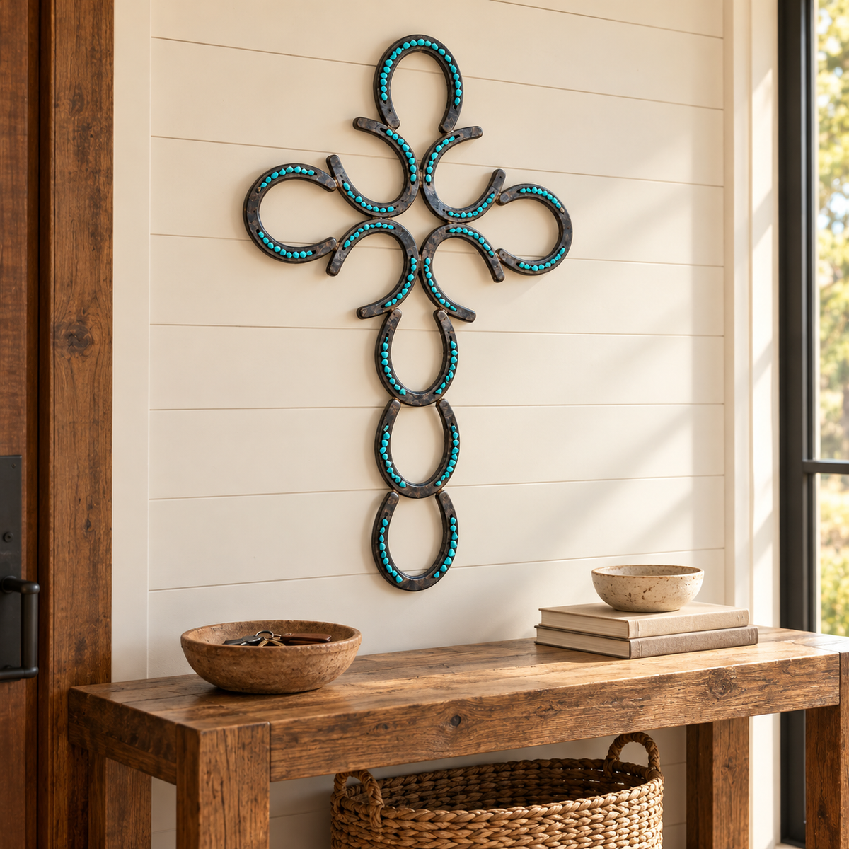 ✝️🐎 Hand-Welded Horseshoe Cross – Rustic Western Wall Decor