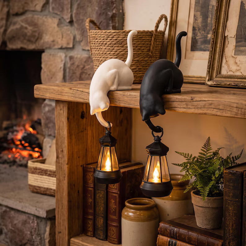 Black and White Cat-Shaped Book-Style Lantern Stand
