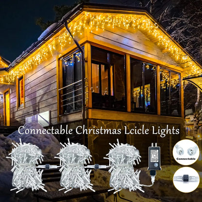 66ft 600-LED Christmas Icicle Lights – Outdoor Lights with Connectable Clear Wire, 8 Modes, Timer, Plug-in, Waterproof; Suitable for Eaves, Patios, Parties, and Indoor Holiday Decor; Includes Switch; Warm White