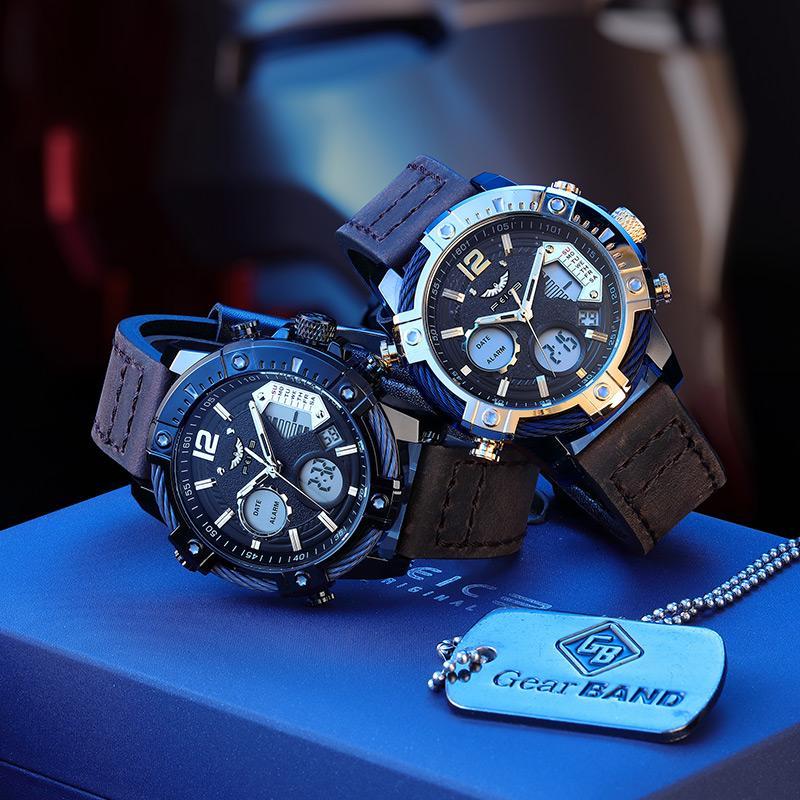 ⏱️ Men’s Industrial Dual-Time Watch – Vintage Leather Strap & Multi-Function Dial