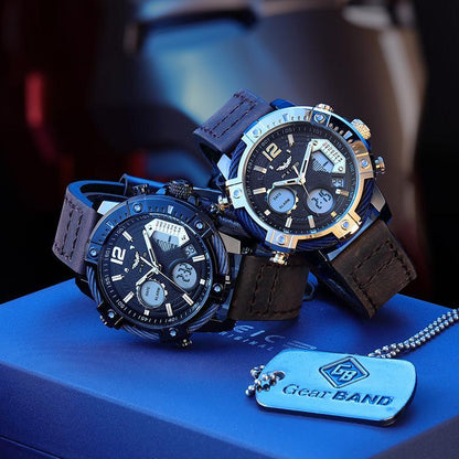 ⏱️ Men’s Industrial Dual-Time Watch – Vintage Leather Strap & Multi-Function Dial