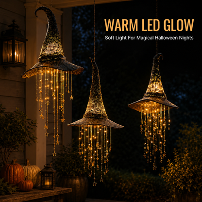 🧙‍♀️ Lighted Witch Hat Hanging Chime – Halloween Star & Moon Decor