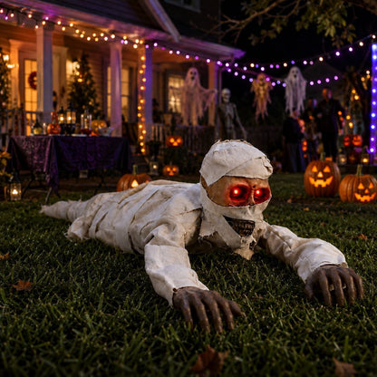 🧟 Animated Crawling Mummy Halloween Prop – Sound-Activated Scare With Red Eyes 🎃