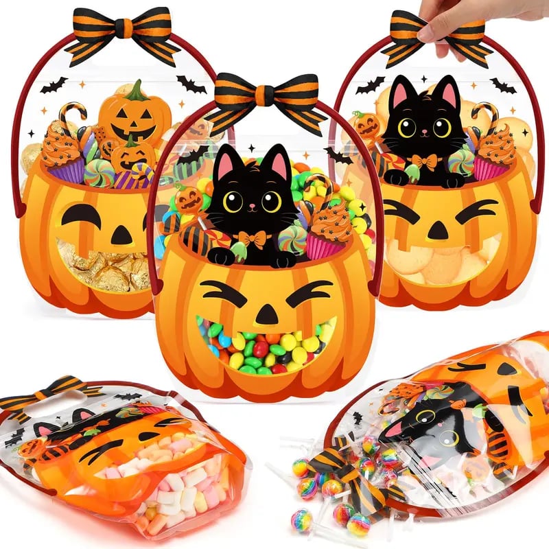 🔥Last Day 49% OFF - 50 Pcs Halloween Favor Bags Transparent Pumpkin Sealed Pouches🍬