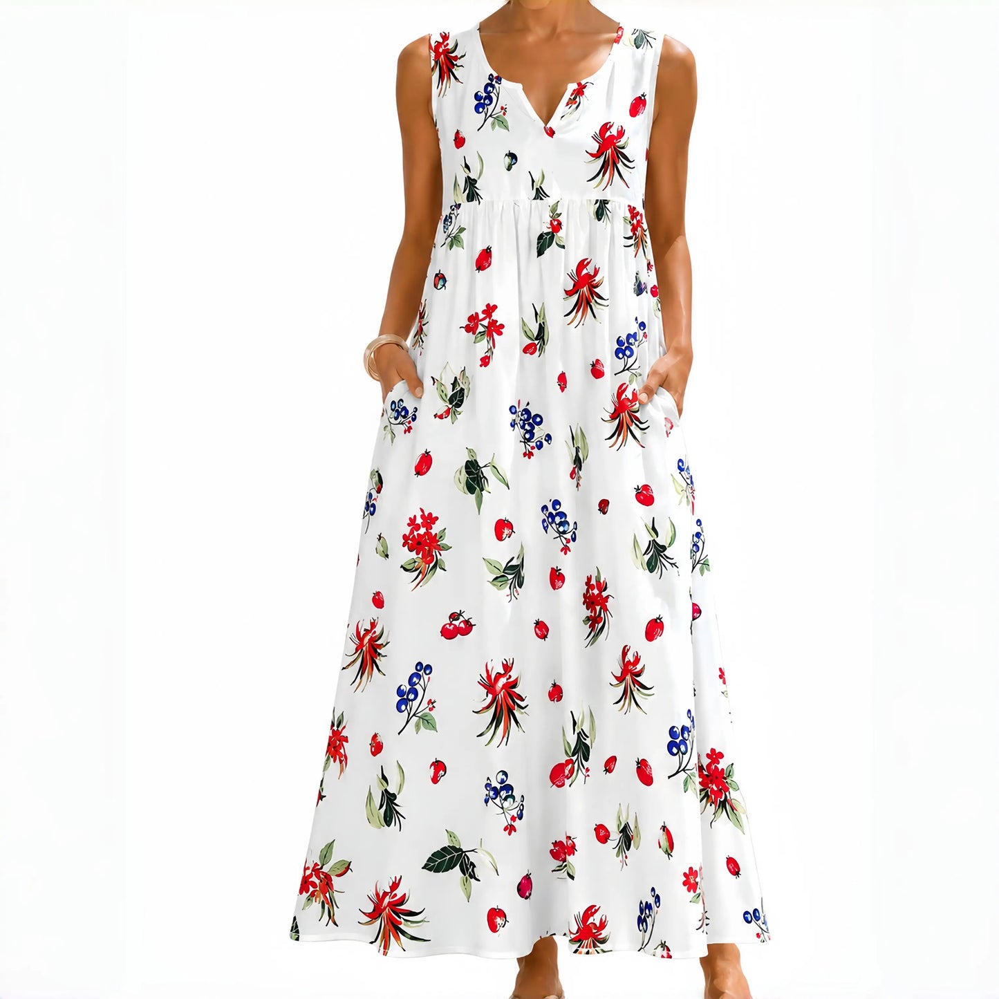 Polka Pockets Long Dress Sleeveless Berry Garden Sleeveless Maxi Dress Casual Summer Vacation Dress Womenswear Fitted Vneck