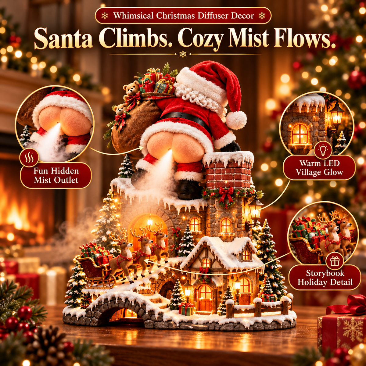 🎅 Santa’s Cheeky Christmas Village™ – Lighted Aroma Diffuser with Funny Santa Mist & Magical Holiday Glow