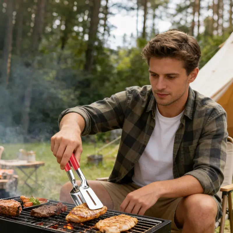 🍳 2-in-1 Spatula Tongs for Cooking and BBQ – Stainless Steel Food Flipper