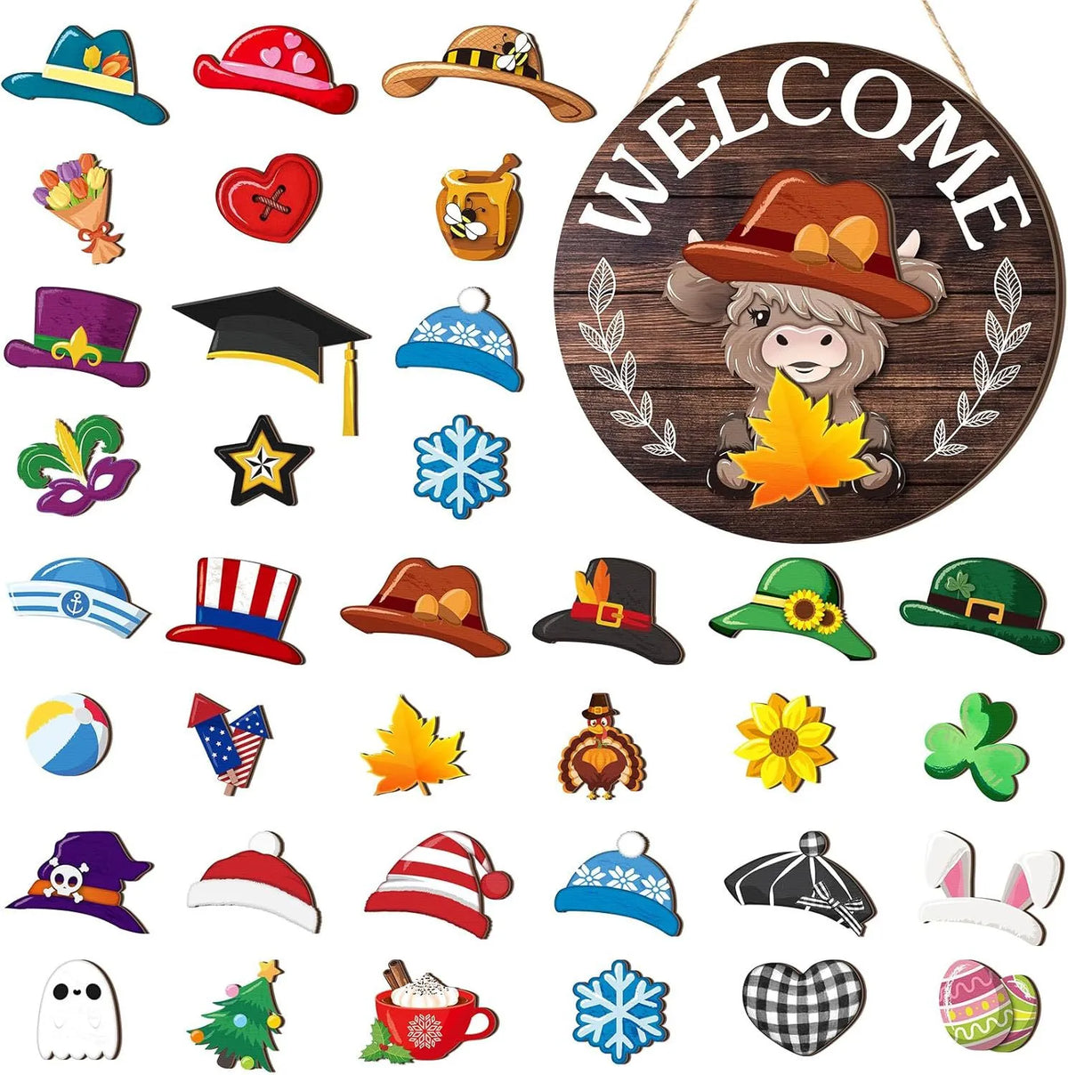 🐮 35PCS Interchangeable Highland Cow Welcome Sign – Seasonal Front Door Decor