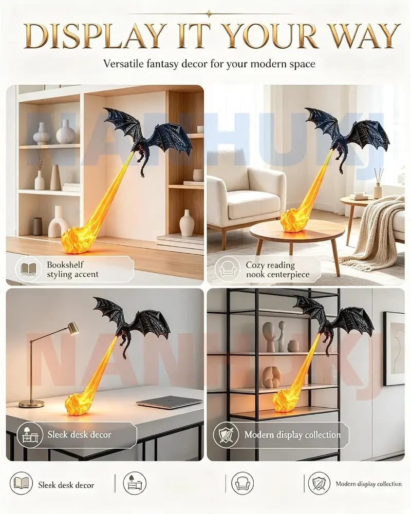 🔥Last Day: 60% OFF🔥 Firebreathing Dragon Book Nook | Realistic Flame Fantasy Shelf Decor