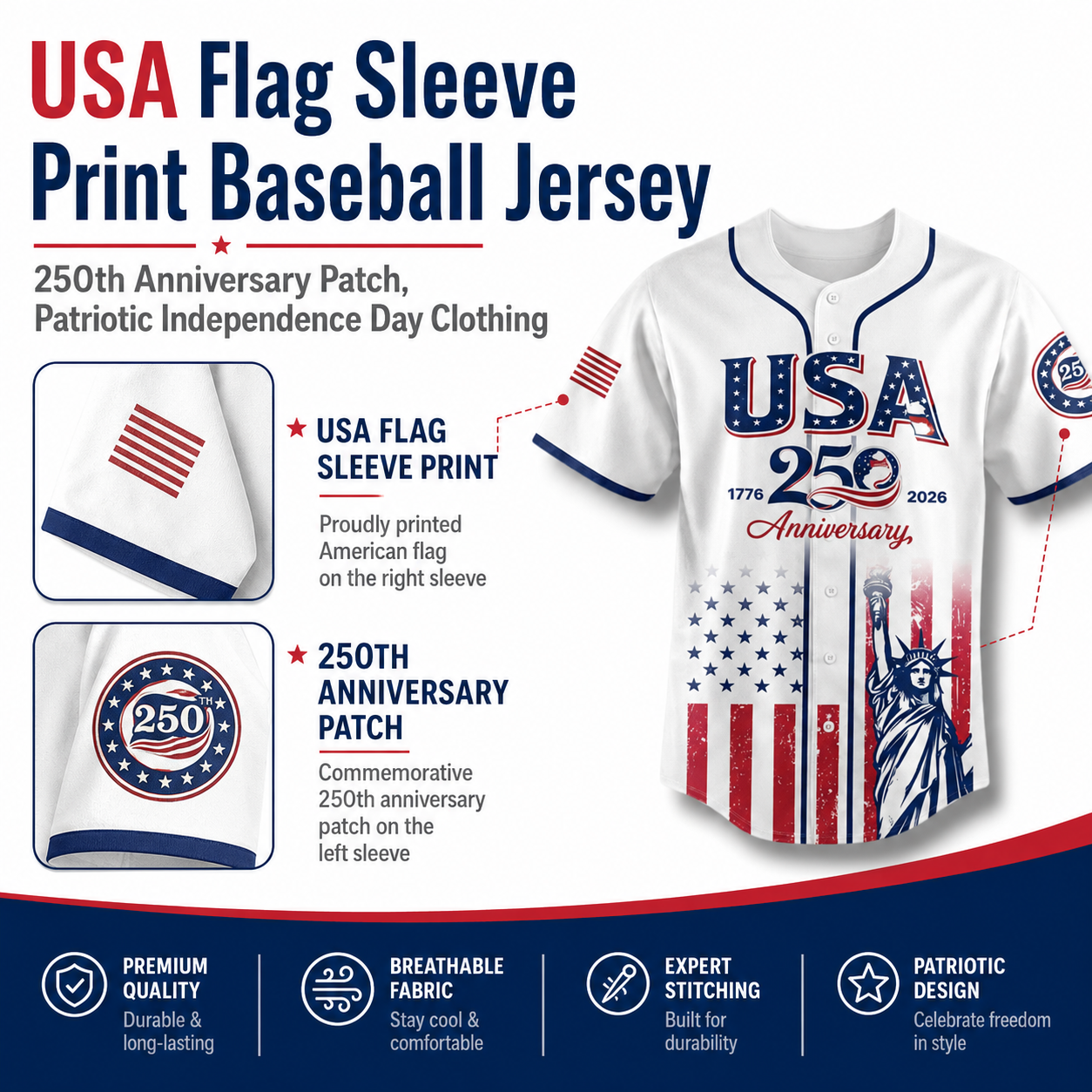 USA 250th Anniversary Baseball Jersey 1776–2026 Patriotic Shirt