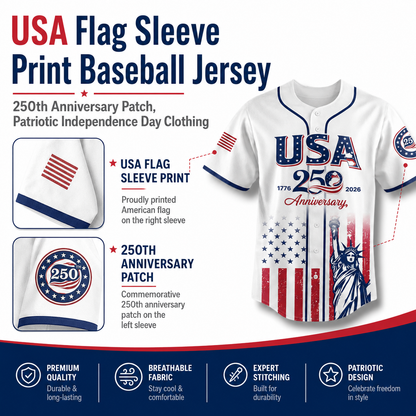 USA 250th Anniversary Baseball Jersey 1776–2026 Patriotic Shirt