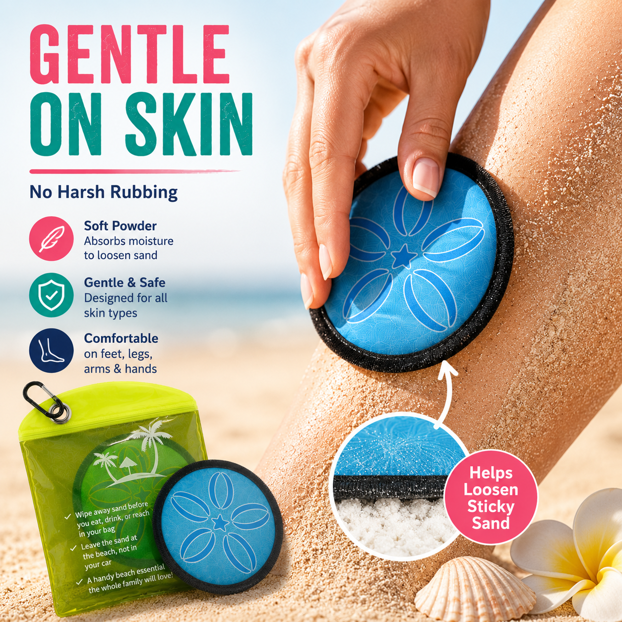 Must-Have Beach Sand-Removal Bag — Gentle, skin-friendly formula featuring seven natural ingredients and coconut oil; talc-free—an essential for your beach trip.