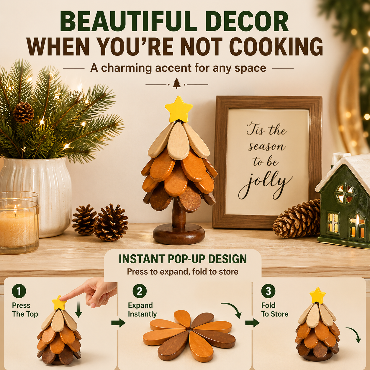 🎄 50% OFF Today | Folding Wooden Christmas Tree Trivet | Heat Resistant Expandable Solid Wood Pot Holder & Holiday Table Decor