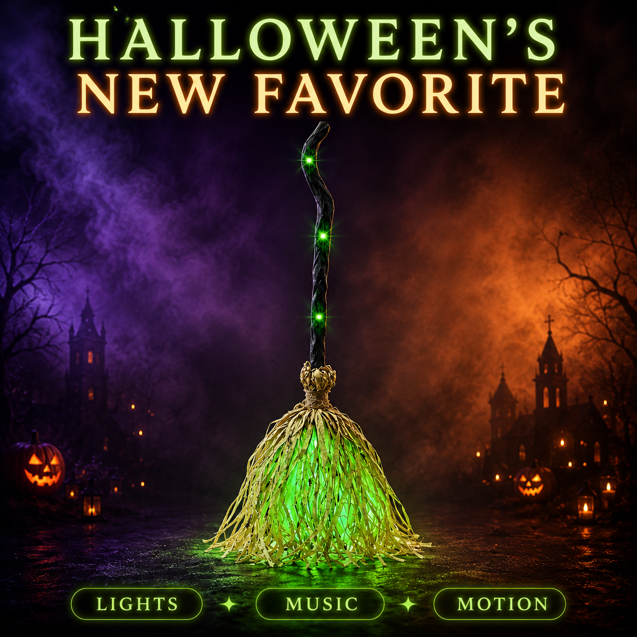 Christmas Decoration: Witch's Broom | Movable, voice/touch controlled, glowing, emits eerie sound effects, dances.