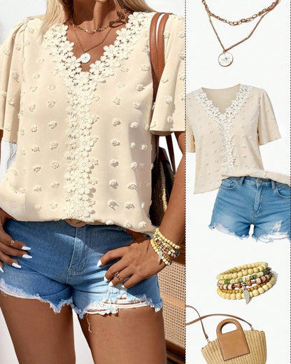 Swiss Dot Lace Butterfly Sleeve Blouse