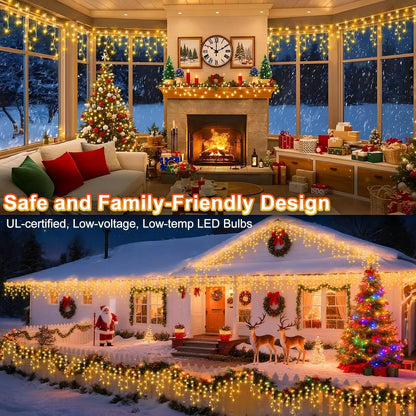 66ft 600-LED Christmas Icicle Lights – Outdoor Lights with Connectable Clear Wire, 8 Modes, Timer, Plug-in, Waterproof; Suitable for Eaves, Patios, Parties, and Indoor Holiday Decor; Includes Switch; Warm White