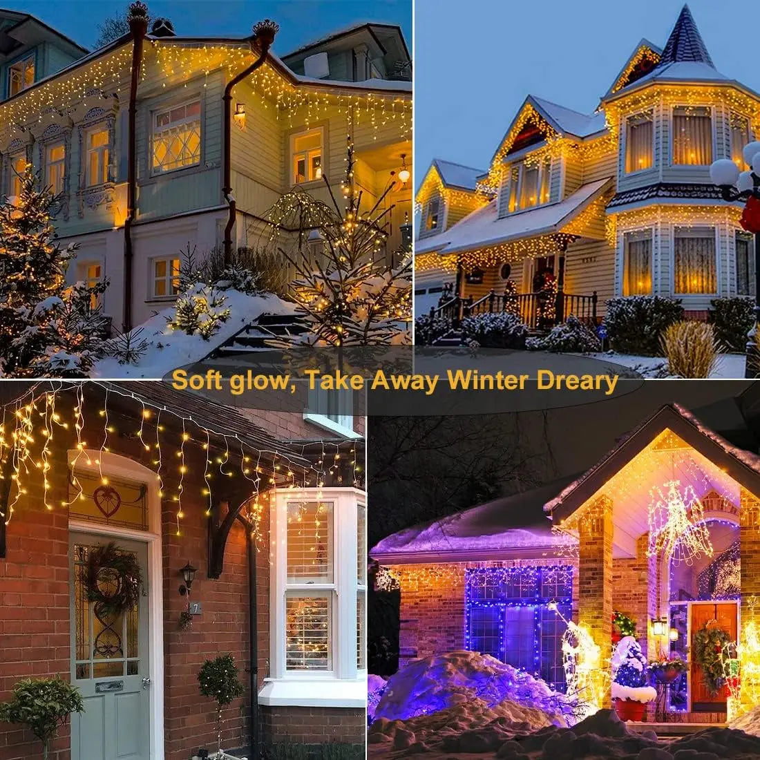 66ft 600-LED Christmas Icicle Lights – Outdoor Lights with Connectable Clear Wire, 8 Modes, Timer, Plug-in, Waterproof; Suitable for Eaves, Patios, Parties, and Indoor Holiday Decor; Includes Switch; Warm White