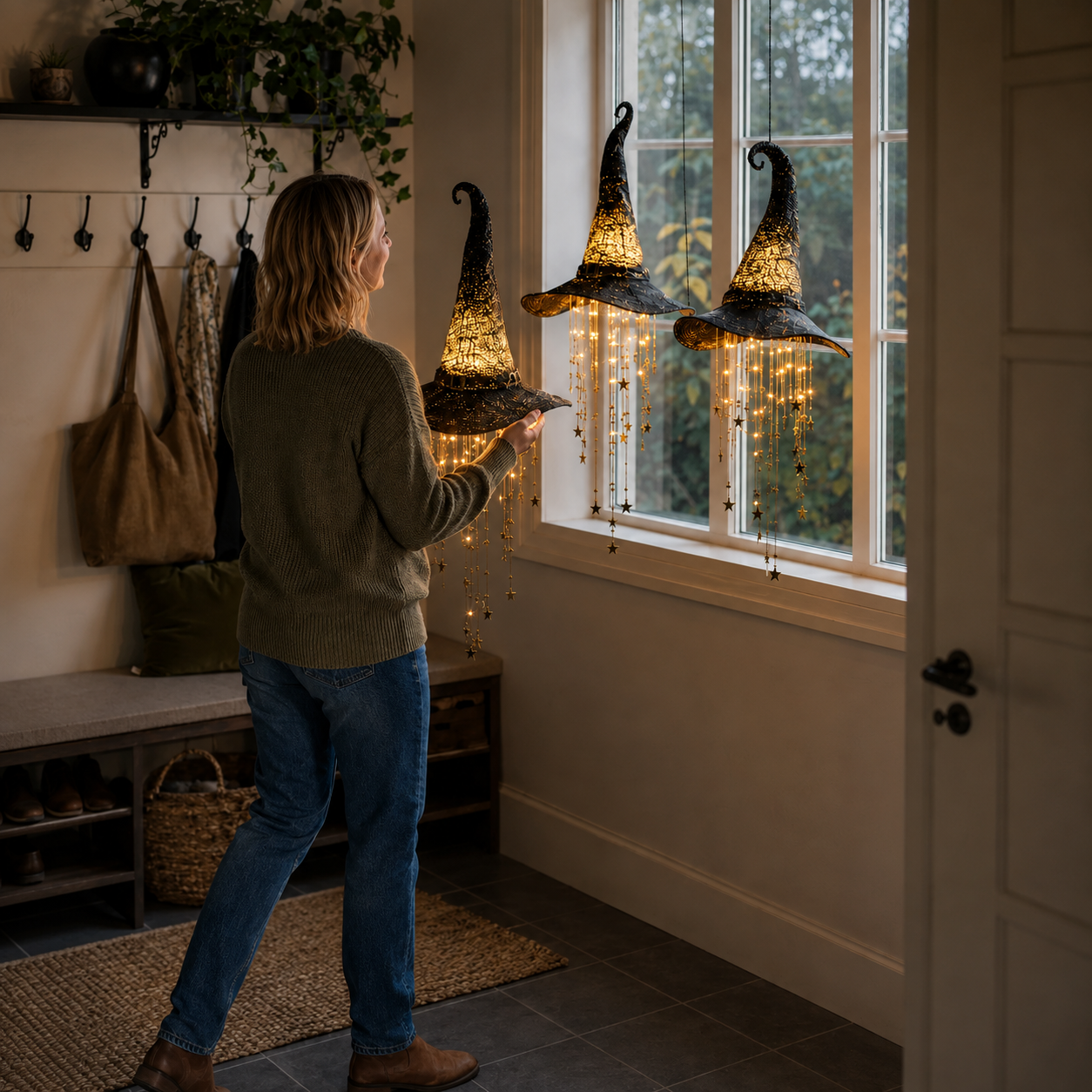 🧙‍♀️ Lighted Witch Hat Hanging Chime – Halloween Star & Moon Decor