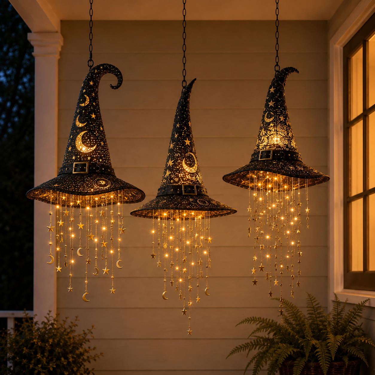 🧙‍♀️ Lighted Witch Hat Hanging Chime – Halloween Star & Moon Decor