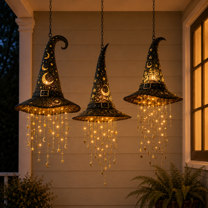 🧙‍♀️ Lighted Witch Hat Hanging Chime – Halloween Star & Moon Decor