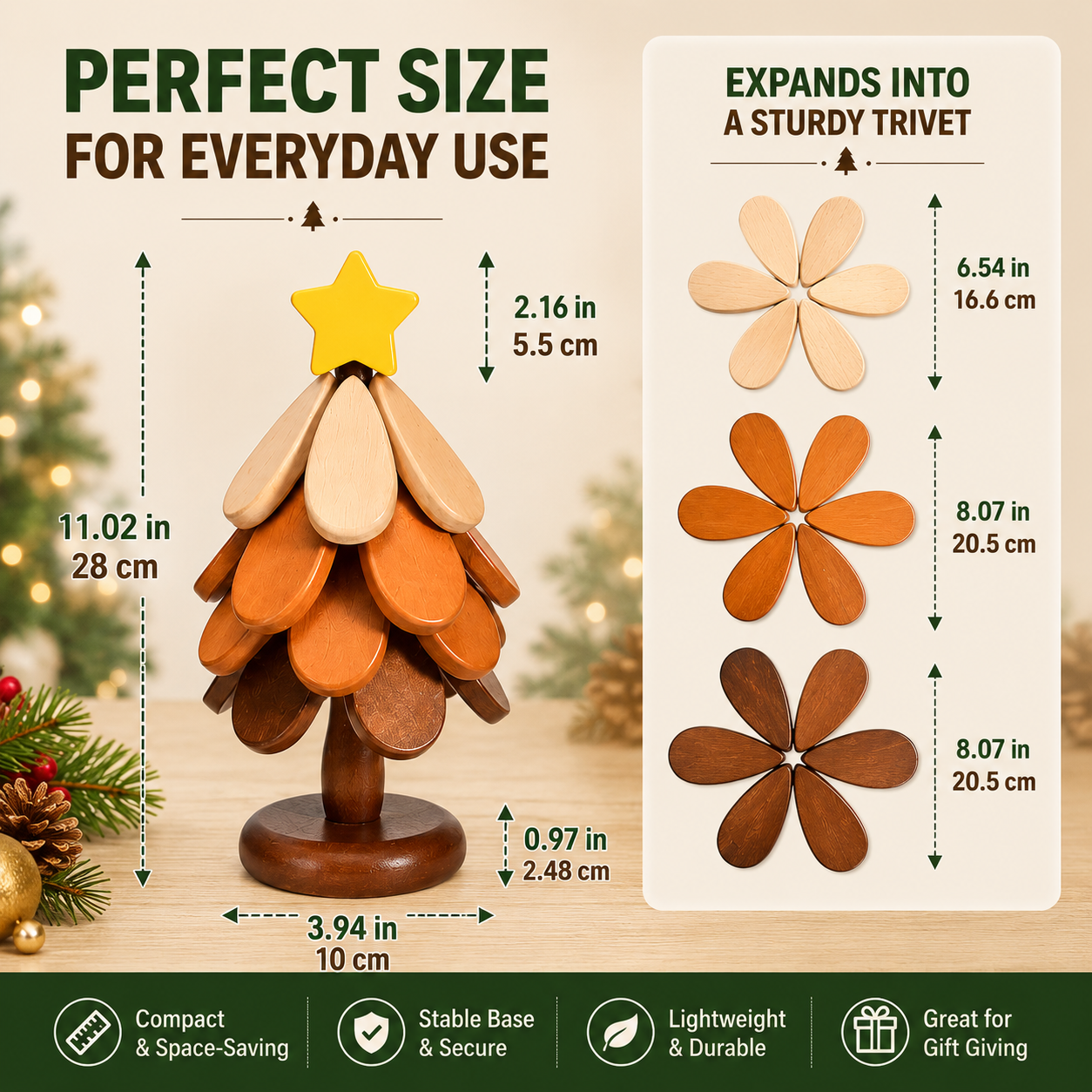 🎄 50% OFF Today | Folding Wooden Christmas Tree Trivet | Heat Resistant Expandable Solid Wood Pot Holder & Holiday Table Decor